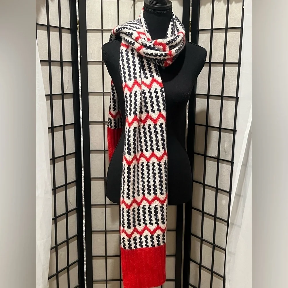 J. Crew Vibrant Red WHITE AND BLUE PATTERN SIX- FOOT—LONG WOVEN  WINTER SCARF!